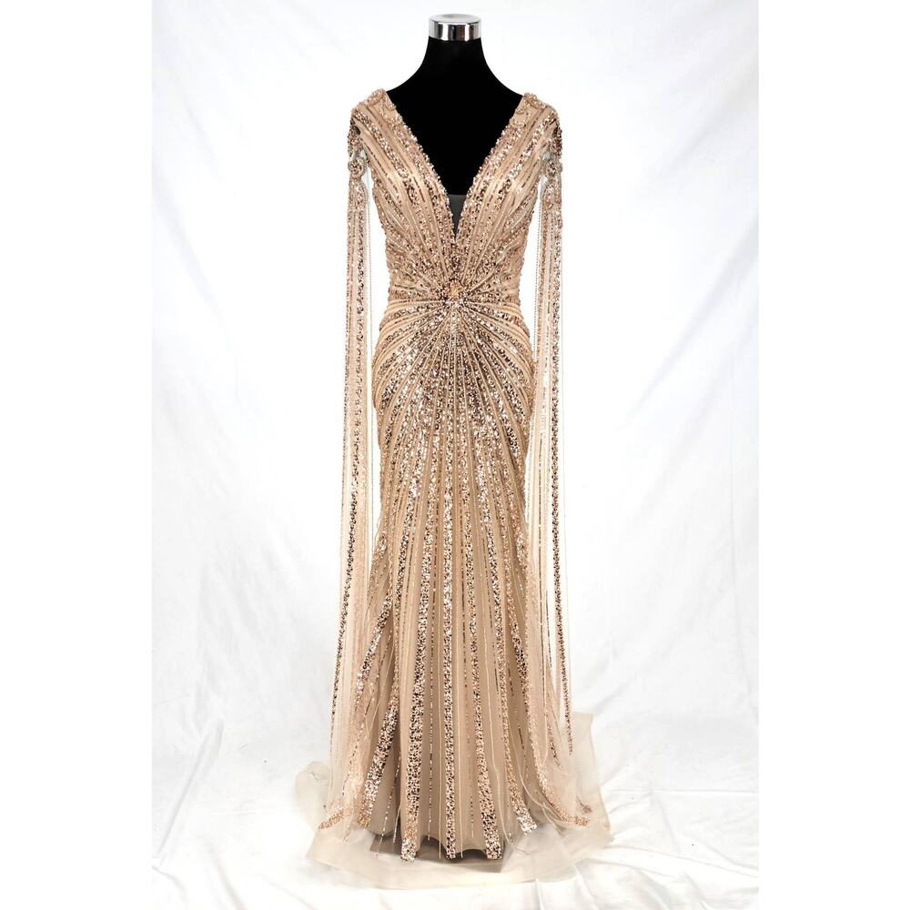 Ladevine Evening Sequin Beaded Dress Women 3XL Champagne Glam Formal C840